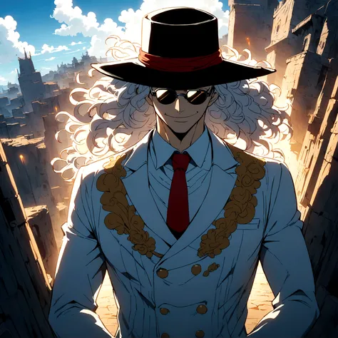 Man, Slim and defined body, Long messy hair, White suit, Red tie, Black hat, Sunglasses, Light beard, Black gloves, Stressed smile, Anime features inspired by ONE PIECE, bathed in drama, amazing lighting, infused with creative details, ultra-fine 2D drawin...