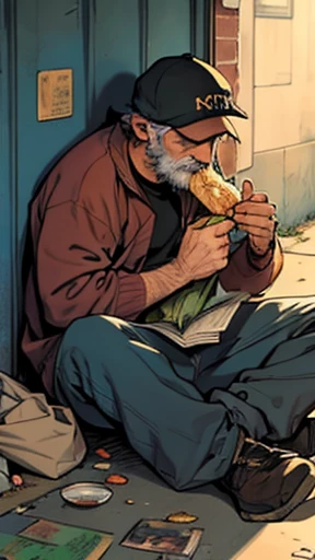 homeless man eating while sitting on the floor and another man standing comic book illustration