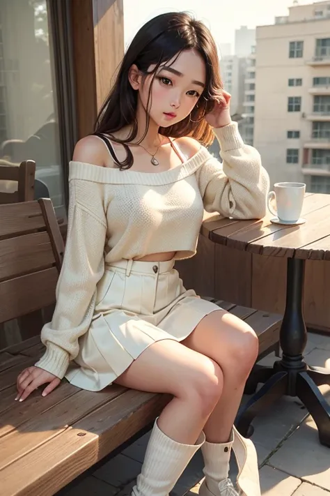 ８K、Very detailed、Wear an off-the-shoulder beige cropped sweater、Wear a white box pleated skirt、Wear white short boots、Stroking the cat、terrace、woman、Medium chest