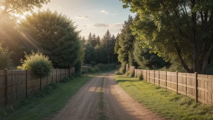 a pathway between two wooden fences, serene countryside landscape, lush green grass, winding dirt path, golden sunlight, warm tones, photorealistic, intricate details, cinematic composition, (best quality,4k,8k,highres,masterpiece:1.2),ultra-detailed,(real...