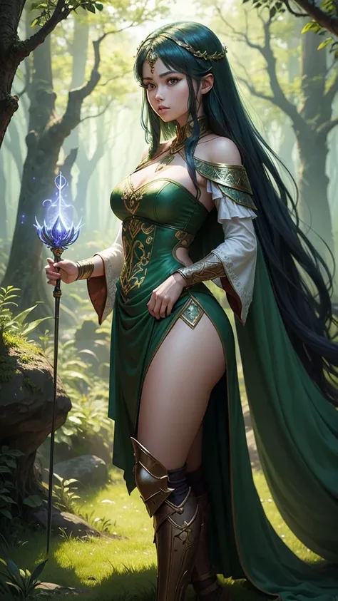 An enchanted warrior who uses magic in the emerald forest. Wide view. See the scenery.