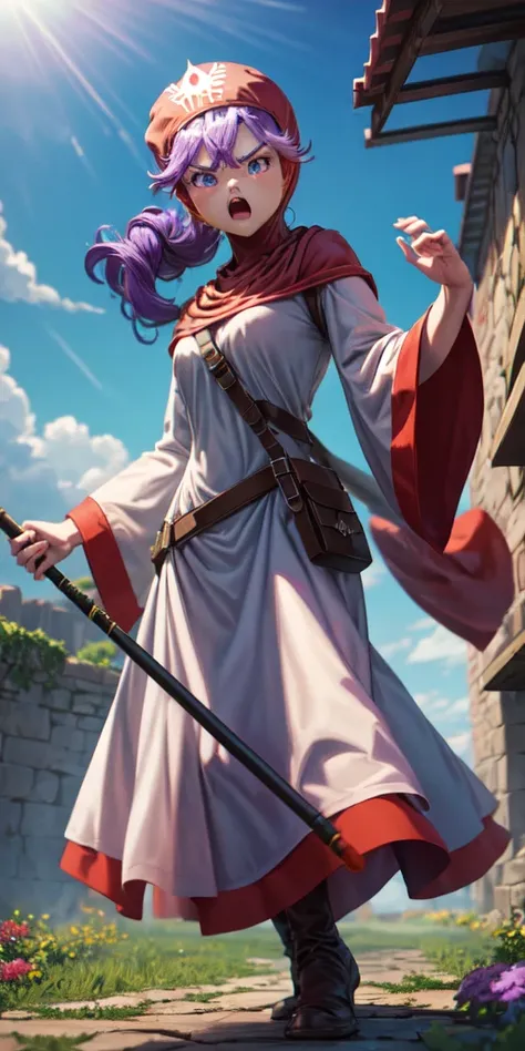 masterpiece, best quality, 4k, 8k, dqPom, red hood, purple hair, robe, cowboy shot, standing, holding staff, sky, garden, looking at viewer, from below, angry 