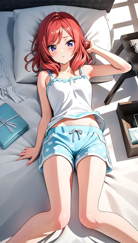 one girl, nishikino maki, wearing a thin plain white tank top, pajama shorts, posing on a bed in a bedroom, no objects on the be...