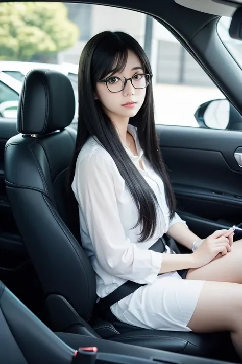 Beautiful Japanese woman driving a car、Black Hair、Beautifully straight long hair、Black-rimmed glasses、Angle from the passenger seat