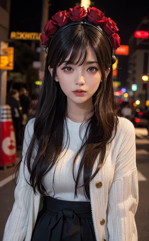 1girl, Tokyo street,night, cityscape,city lights, upper body,close-up, 8k, RAW photo, best quality, masterpiece,realistic, photo-realistic,headgear of red rose, parted bangs, long hair,