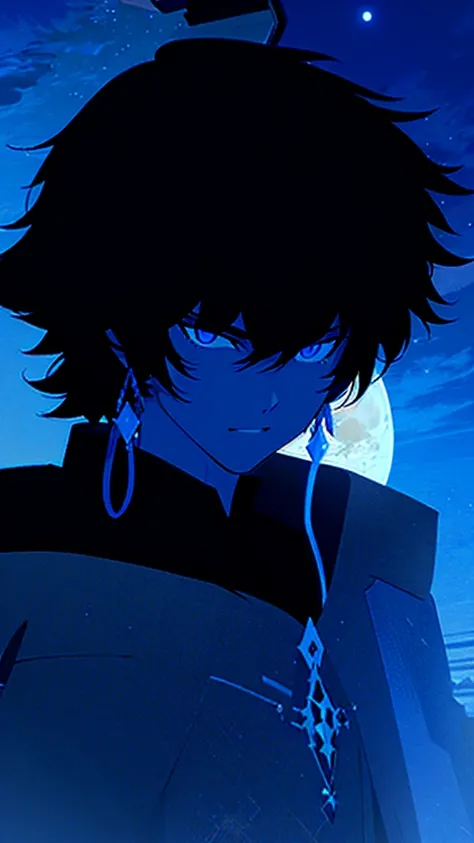 1 teen boy, scruffy black hair, bangs, Blue eyes, moon, dark night, long earrings, black hoodie, blue horns, great sword on the back, looking at viewer, upper body, fantasy aesthetics, highly detailed,