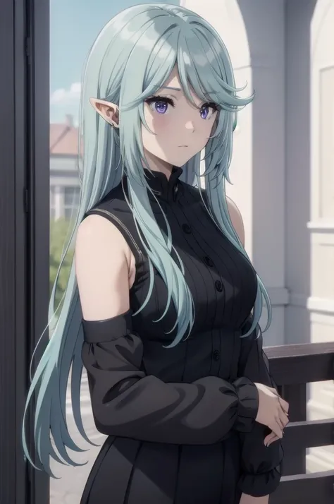 best quality, blue hair,,long hair,purple eyes,pointy ears,elf,,masterpiece, highres, solo