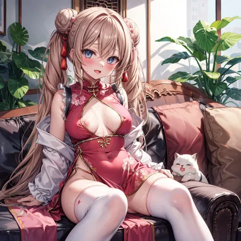 ((Highest quality)), ((masterpiece)), (detailed), the cartoon girl is sitting on the couch wearing a pink outfit, 1girl, 独奏, thighhighs, twintails, pelvic curtain, white thighhighs, double bun, medium breasts, long hair, lightbrown hair, blush, blue eyes, ...