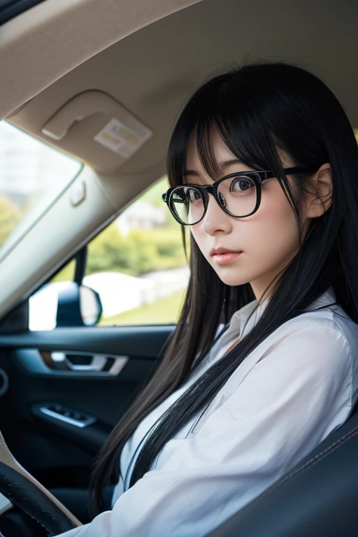 Beautiful Japanese woman driving a car、Black Hair、Beautifully straight long hair、Black-rimmed glasses、Angle from the passenger seat、Take the wheel、Concentrating on driving