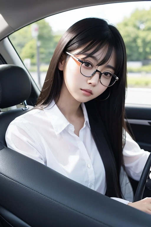 Beautiful Japanese woman driving a car、Black Hair、Beautifully straight long hair、Black-rimmed glasses、Angle from the passenger seat、Take the wheel、Concentrating on driving