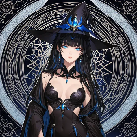 masterpiece, best quality, 1woman adult, female focus, solo, black hair, vibrant blue eyes, long hair, looking at viewer, closed mouth, bangs, Fantasy aesthetics, Highly detailed, shadowverse style, black attire, sorceress
