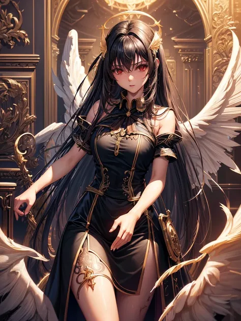 ((best quality)),(Ultra-high resolution),(Super detailed),(Detailed description),((Best CG))(Fantasy art with precise details:1.5), Black Hair，European classical long dress，(1 Female Angel:1.6),Angel Wings，side，Injuried，Blood，，Serious expression