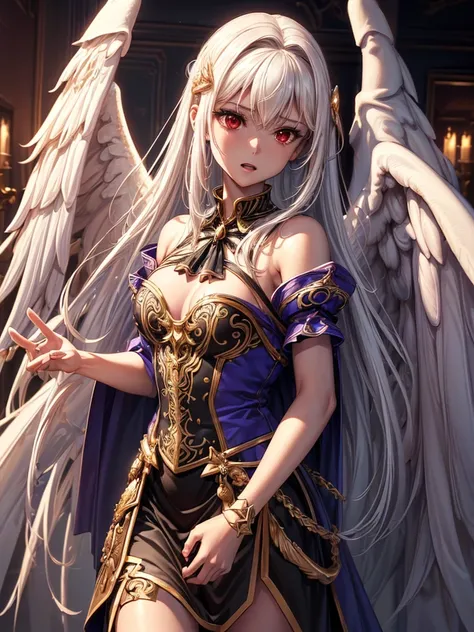 ((best quality)),(Ultra-high resolution),(Super detailed),(Detailed description),((Best CG))(Fantasy art with precise details:1.5), Black Hair，European classical long dress，(1 Female Angel:1.6),Angel Wings，side，Injuried，Blood，，Serious expression