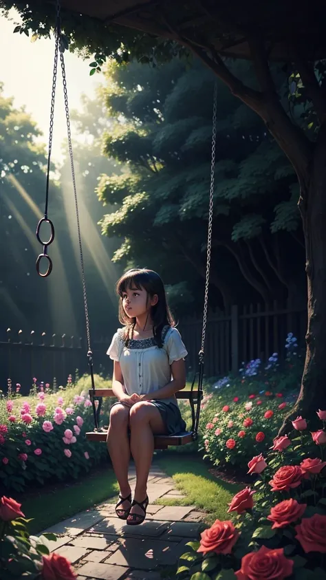   sitting on swing.  Garden background. With rays of the sun among the roses and flowers of that garden.  alone reflecting on the swing.  dark image, tone of loneliness. 