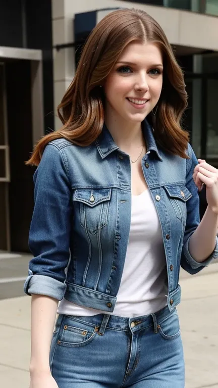 Anna Kendrick dressed in sexy denim clothes and a sexy smile