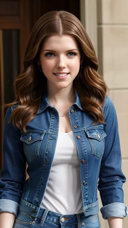 Anna Kendrick dressed in sexy denim clothes and a sexy smile