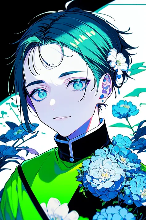 fluorescent green hair , Short ponytail tied down , White eyes , severe dark circles , ADHD , Timid , droopy eyes , white patient gown , psychopath , experiment , experiment체 , Timid , dependent , man , masculine , unhappy , pitiful , pale skin