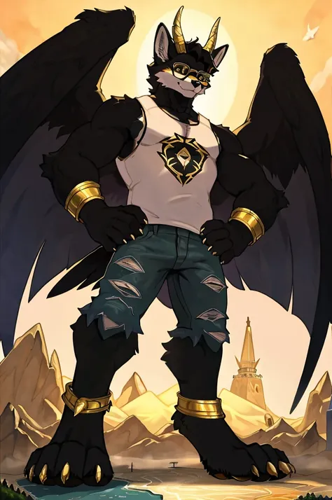 birds-eye view, macro furry,anthro, fox, fox ears,fox tail, dark black fur, short wavy hair, black sclera, gold pupil, horns, wings, pawpads, gold pawpads, tall, handsome, sexy, slim, twink, femboy, standing over a tiny continent on earth, looking down at ...