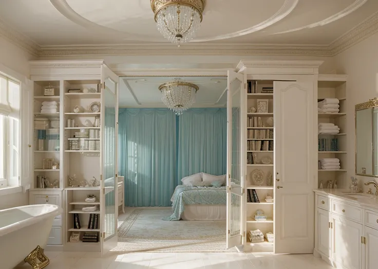 Hyperrealistic 8k high detail Dream sky ceiling wide princess bathtub facing directly into bedroom transparent partition feminine and tall closets with diagonally arranged rows of dresses and shoes with heavy duvet and flowy canopy and open bookshelves, se...