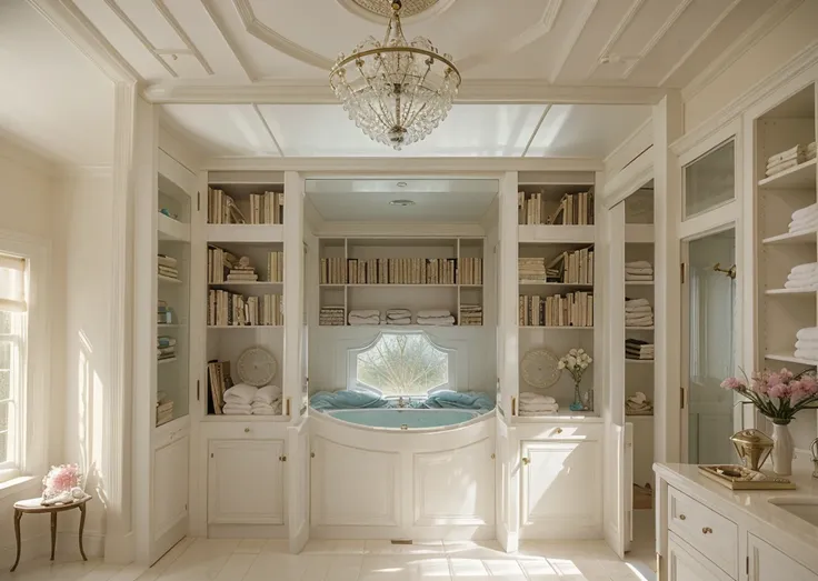 Hyperrealistic 8k high detail Dream sky ceiling wide princess bathtub facing directly into bedroom transparent partition feminine and tall closets with diagonally arranged rows of dresses and shoes with heavy duvet and flowy canopy and open bookshelves, se...