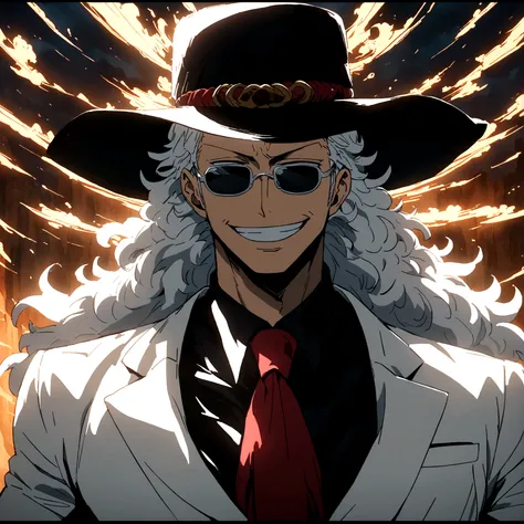 Man, Slim and defined body, Long messy hair, White suit, Red tie, Black hat, Sunglasses, Light beard, Black gloves, Stressed smile, Anime features inspired by ONE PIECE, bathed in drama, amazing lighting, infused with creative details, ultra-fine 2D drawin...