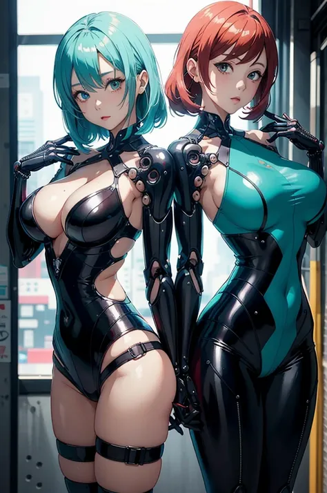 Two anime girls in latex posing for photos, biomechanical oppai, an oppai cyberpunk, Chic, vermillion and cyan, red and cyan, Anime Girls, oppai, cutesexyrobutts, oppai proportions, two beautiful anime girls, Ecchi anime style, Ecchi style,