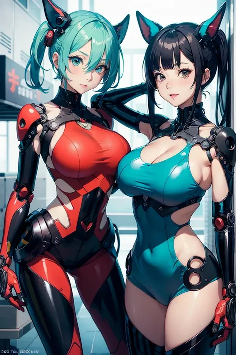 Two anime girls in latex posing for photos, biomechanical oppai, an oppai cyberpunk, Chic, vermillion and cyan, red and cyan, Anime Girls, oppai, cutesexyrobutts, oppai proportions, two beautiful anime girls, Ecchi anime style, Ecchi style,