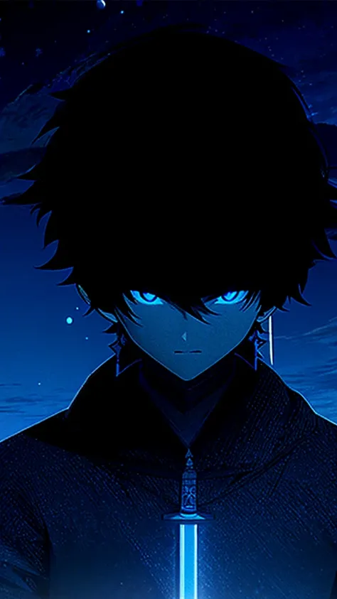 1 teen boy, scruffy black hair, bangs, Blue eyes, moon, dark night, long earrings, black hoodie, blue horns, great sword on the back, looking at viewer, upper body, fantasy aesthetics, highly detailed,