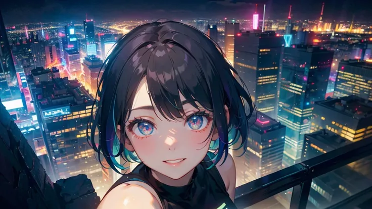 A 20-year-old female、black blue hair、Berry short hair、A bright smile、(High-top gradient:1.3)、mute、Soft colors、High contrast、Colorful background futuristic city、Night City, Night view from above, (Natural skin texture、Surrealism、Soft Light、sharp)