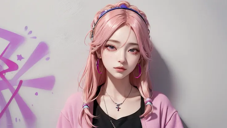 (masterpiece, best quality, 1 Girl, Solitary, Intricate details, Chromatic Aberration), Practical, ((Moderate breathing)),Long hair, Pink Hair, Red headdress, Pink highlights, Hair covering one eye,Purple Eyes, earrings, Sharp eyes, Necklace, Neon shirt, C...