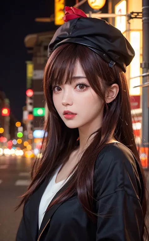 1girl, Tokyo street,night, cityscape,city lights, upper body,close-up, 8k, RAW photo, best quality, masterpiece,realistic, photo-realistic,headgear of red rose, parted bangs, medium hair,