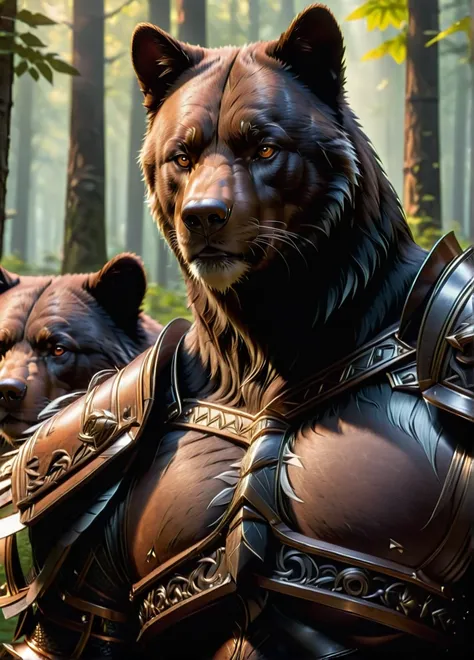 Beastmaster, tamer, (mature male: 1.6), (brown gray hair: 1.1), (serious calm look: 1.5), fit, nature symbols and patterns, (brown and black leather armor: 1.5), forest with black bear and animals on background, ((looking at viewer:1.2), (from side:0.8)), ...