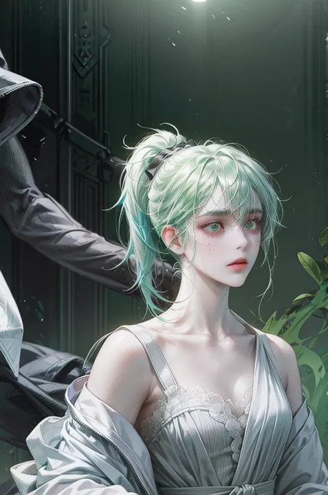 fluorescent green hair , Short ponytail tied down , White eyes , severe dark circles , ADHD , Timid , droopy eyes , white patient gown , psychopath , experiment , experiment체 , Timid , dependent , man , masculine , unhappy , pitiful , pale skin