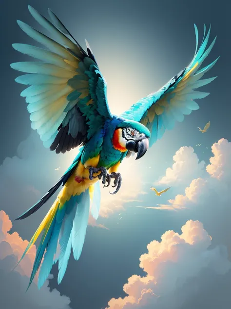 brightly colored parrot flying in the air with its wings spread, parrot, colorful bird with a long, hd illustration, ethereal macaw, 4k high res, pararel, colorful hd picure, parrots, colorful birds, high quality wallpaper, with a white background, a phoen...