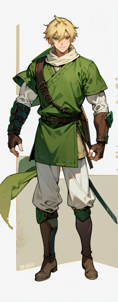 blond, tall, green-eyed guy, viking style, russian hero style, strong, modern clothes,anime style, anime  , link, fingerless glo...