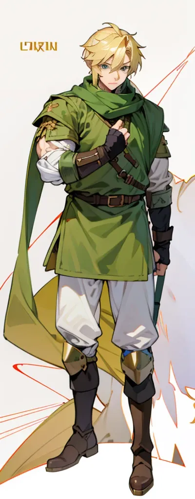 blond, tall, green-eyed guy, viking style, russian hero style, strong, modern clothes,anime style, anime  , link, fingerless glo...