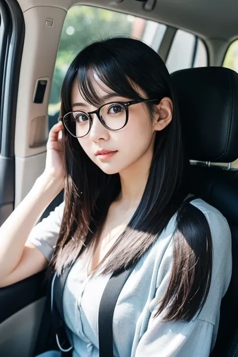 Beautiful Japanese Women、Black Hair、Beautifully straight long hair、Black-rimmed glasses、Angle from the passenger seat、Take the wheel、I&#39;m in first class on an airplane