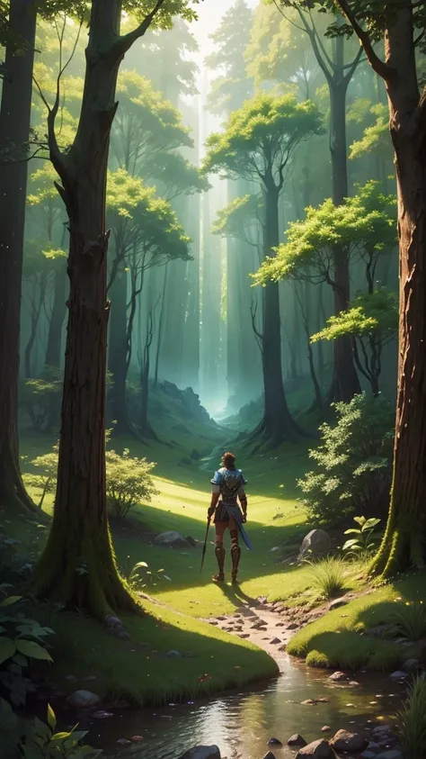 An enchanted warrior who uses magic in the emerald forest. Wide view. See the scenery.