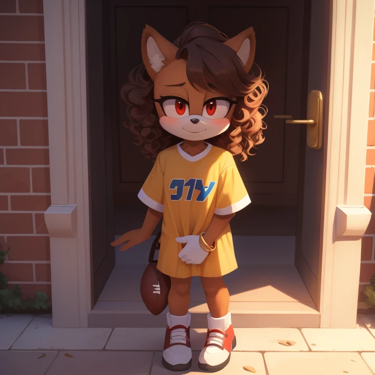 mobian, solo, hedgehog, two-tone fur ((orange fur, brown fur)), wearing an oversized american football shirt,  stepping out of a...