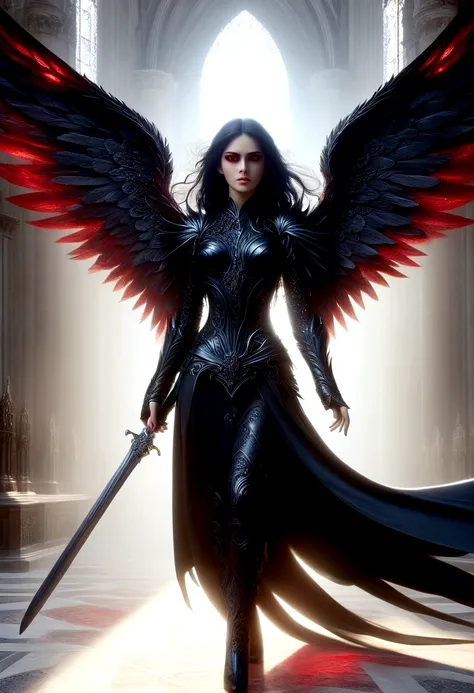 best quality masterpiece a woman angel warrior gothic incredibly beautiful long red eyes black hair black wings wearing black cl...