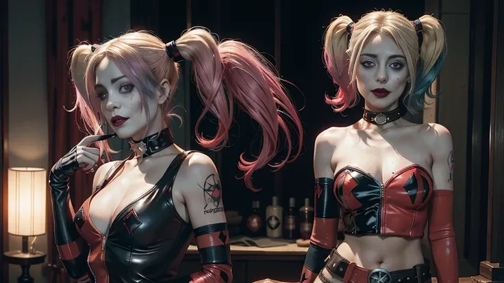 (((harley quinn))),hair with pink and blue highlights in the harley quinn style, (pink streaked hair on the left and blue streak...