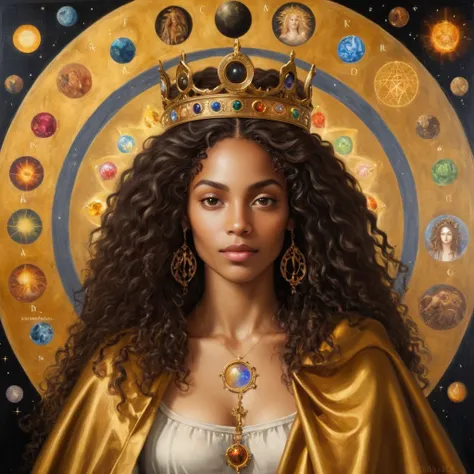 black woman with a beautiful face and a look of gratitude and unconditional love, long curly hair, glad,  with a crown on his he...