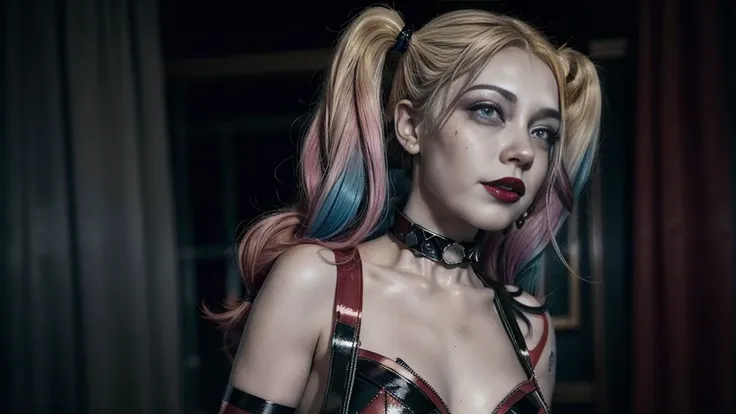 (((harley quinn))),hair with pink and blue highlights in the harley quinn style, (pink streaked hair on the left and blue streak...