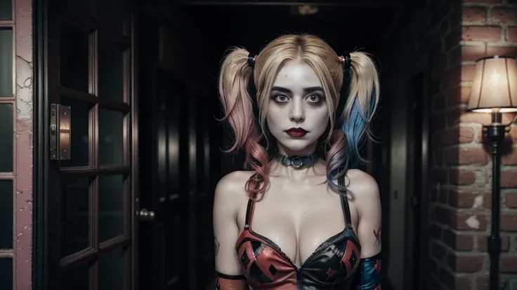 (((harley quinn))),hair with pink and blue highlights in the Harley Quinn style, (pink streaked hair on the left and blue streaked hair on the right, Harley Quinn style), Harley Quinn style eye shadow makeup, red shadow on the left eye, blue eyeshadow make...