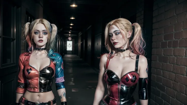 (((harley quinn))),hair with pink and blue highlights in the harley quinn style, (pink streaked hair on the left and blue streak...