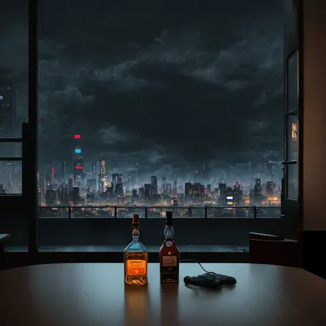 (masterpiece), (dark clouds), (cyberpunk living room), (indoor), (window), (rainy weather), (cyberpunk city), (realistic illustration), (cinematic), (looking out the window), (one liquor bottle and whiskey glass on table), (one blue headphone on table)