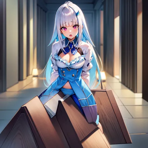 Lize Helesta（Nijisanji）,Long Hair,Gray Hair,Light blue hair in the back,hair ornaments,Large Breasts,Polka dot underwear,In underwear,Riding a wooden horse,Wet,Ahegao,masterpiece,Highest quality
