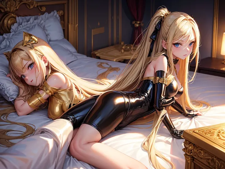 (depict girl in latex, long blond hair, straight hair), ((cute girly room)) , waiting on knees, small  breasts, greed, clever, (latex leotard), bound with golden jowels, (breast points proudly forward), ((nice hipse)), (Masterpiece, Excellent, complex deta...