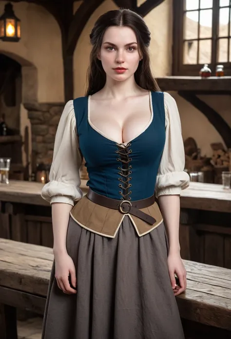 Young woman, medieval village girl, pale skin, average face, dark hair, huge breasts, wide hips, simple clothes, heavy cleavage, (tavern background) (4k image) (highest quality)