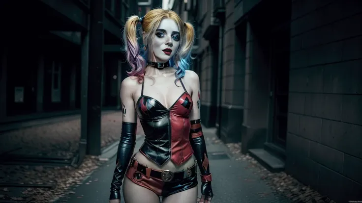 (((harley quinn))),hair with pink and blue highlights in the harley quinn style, (pink streaked hair on the left and blue streak...